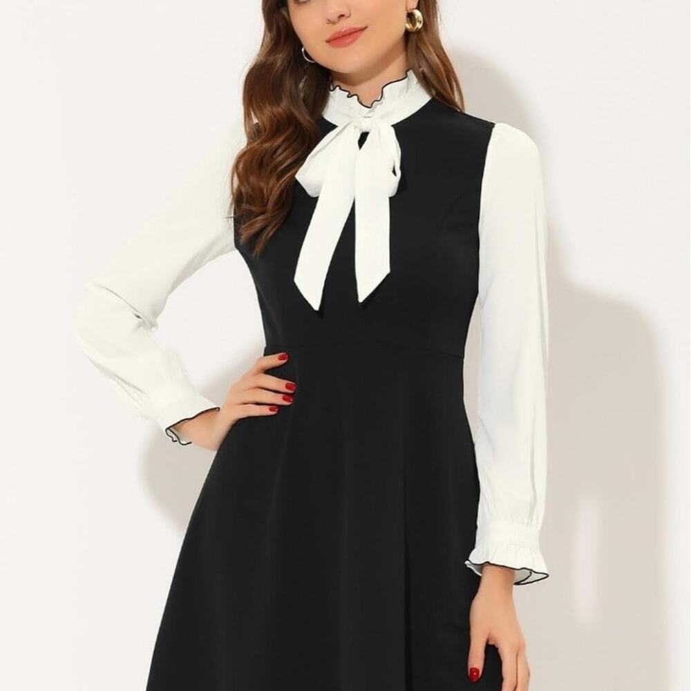 Allegra K Tie Neck Dresses for Women's 1960s Vintage Long Sleeve Contrast Color